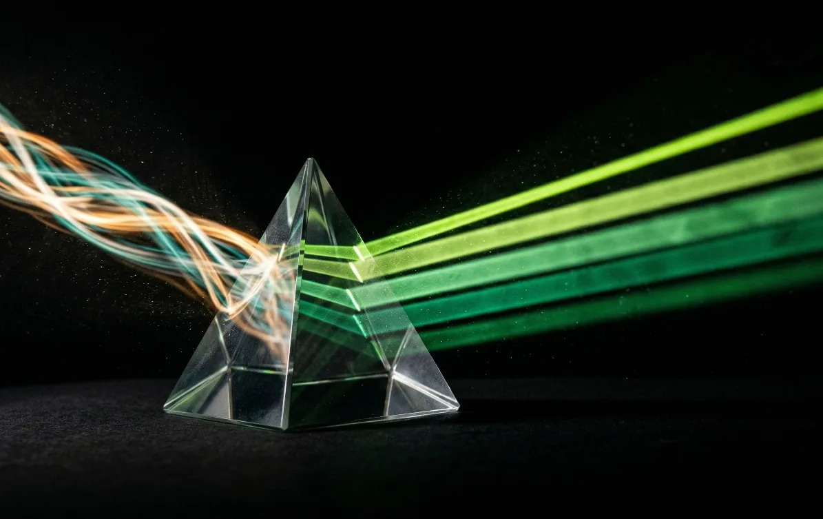 Prisma de vidro refratando luz caótica em cinco feixes verdes distintos