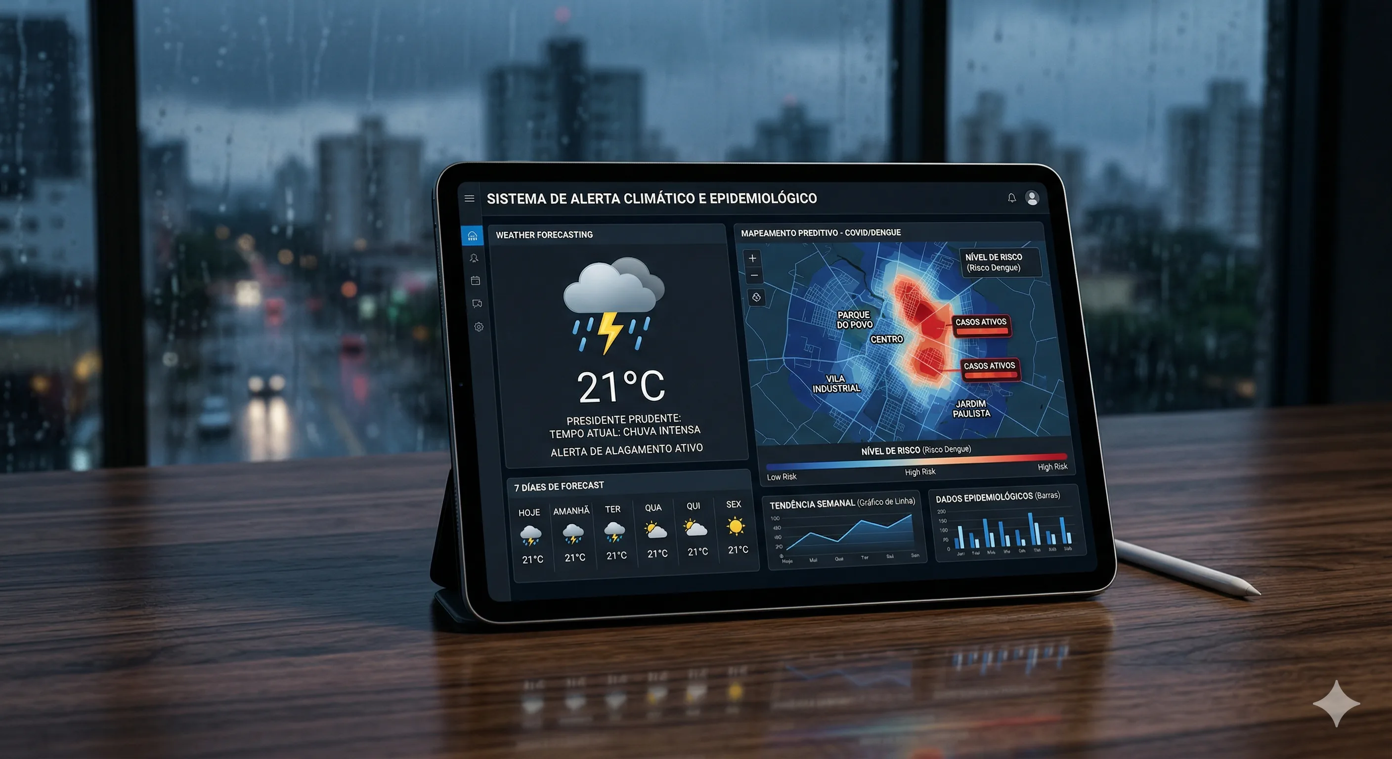 Gestora de saúde pública analisando dashboard de risco de dengue